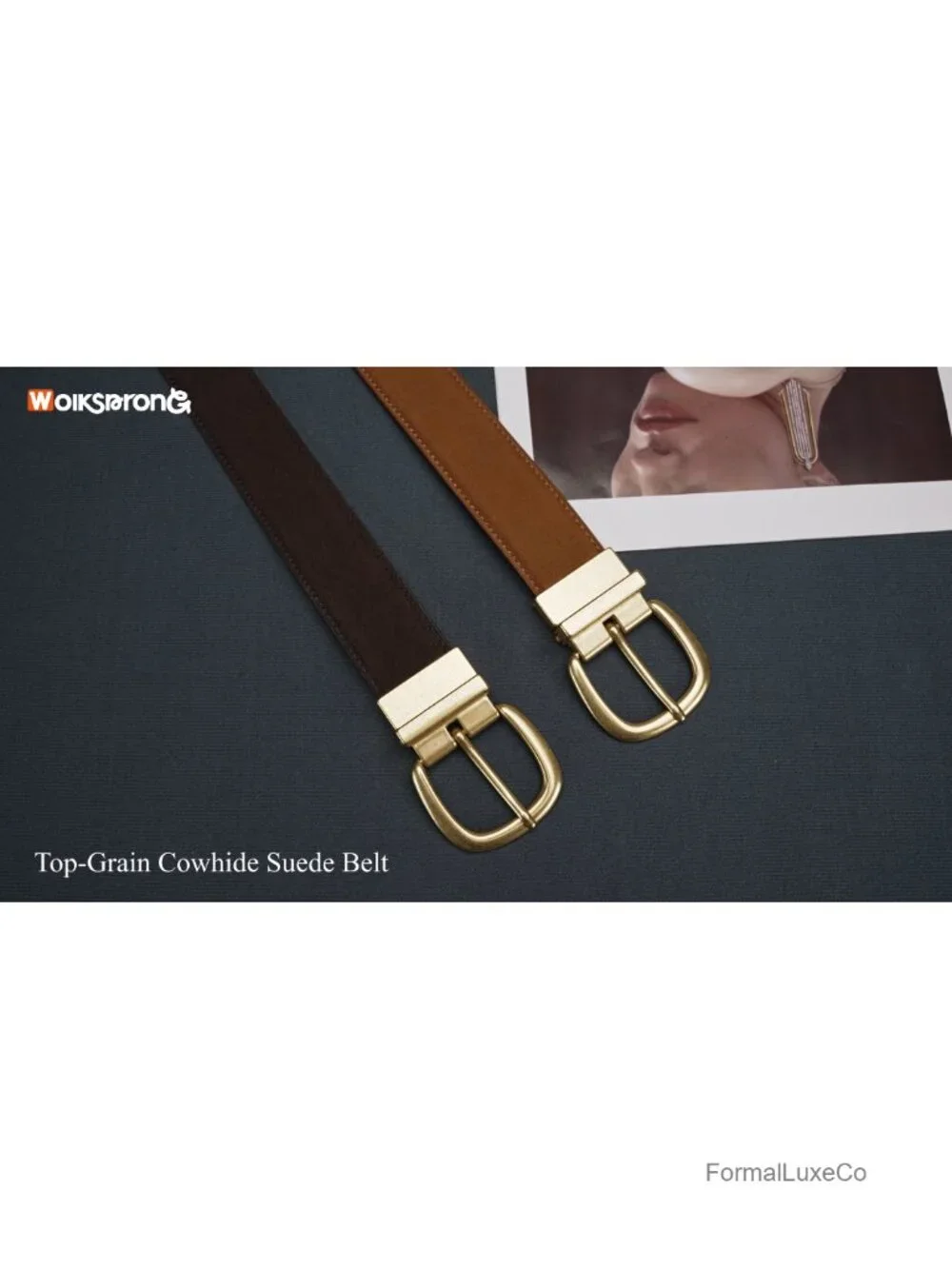 Genuine Top-Grain Suede Belt with Gold Buckle, Nappa Leather Backing, 1.3 Inch